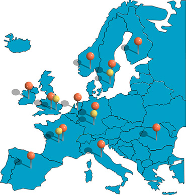 Europeiska länder där Pronovas förpackningsystem är representerat av våra återförsäljare. Gula markeringar visar länder där våra påsar tillverkas.